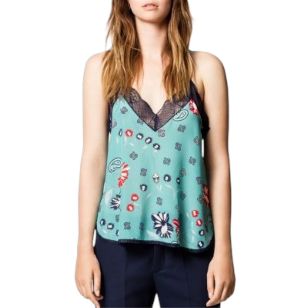 Zadig & Voltaire Christy Daisy Teal Floral Lace Silk Camisole